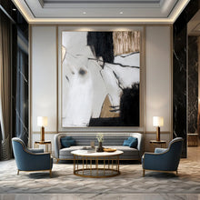 Load image into Gallery viewer, “Black - White - Gold Abstract Angles” Abstract Painting on Canvas, Sophisticated Dining Decor DKH1005
