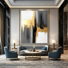 Load image into Gallery viewer, “Monochrome Gold Clash” – Gray, Black, White &amp; Gold Abstract Acrylic with Bold Textures DTP076
