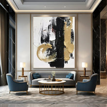Load image into Gallery viewer, “Bold Black and Gold Abstract with Textured Marks” – Dramatic Abstract Exuding Opulence and Energy DTP146
