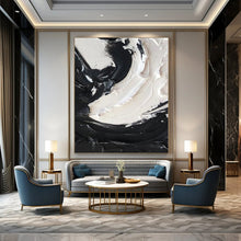 Load image into Gallery viewer, “Swirling Duality” – Bold black and white impasto, circular motion, thick texture DTP385
