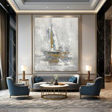Load image into Gallery viewer, Gray, Blue &amp; Gold Abstract Sailboat Art, Perfect for Nautical - Themed Study &amp; Relaxing Sunroom LargeART1957

