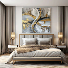 Load image into Gallery viewer, Gray, Gold &amp; Black Abstract Loops Canvas Painting, Great for Industrial - Glam Bedroom &amp; High - End Bar Lounge LargeART1251
