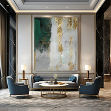 Load image into Gallery viewer, “Green, Grey &amp; Gold Textured Abstract” - Luxe Abstract Art on Canvas DKH1518

