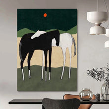 Load image into Gallery viewer, “Horse Duo in Nature” - Black, White, and Green Landscape Art on Canvas DKH1412
