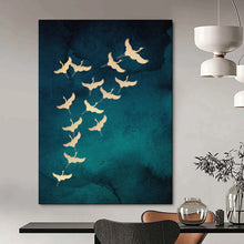 Load image into Gallery viewer, Teal &amp; Gold Cranes Abstract Painting, Ideal for Elegant Dining Room &amp; Cultural Art Gallery LargeART1919
