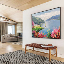 Load image into Gallery viewer, “Lakeside Village” - Colorful Abstract Acrylic of a Lakeside Scene, Suits Conservatory and Porch DLZ209
