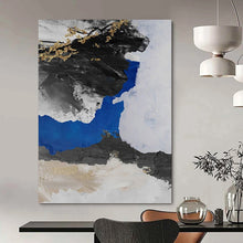 Load image into Gallery viewer, “Blue - Grey Abstract with Gold Twigs” - Blue, Grey, Black, Gold Abstract Art on Canvas DKH1231
