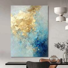 Load image into Gallery viewer, “Sky Gold Flurry” – Blue, Gray &amp; Gold Abstract Acrylic with Textured Cloud - like Forms DTP071

