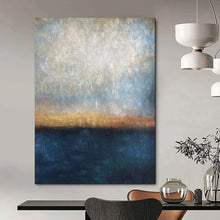 Load image into Gallery viewer, Blue, Gray &amp; Gold Coastal Sunset Abstract Painting, Ideal for Beach House Living Room &amp; Relaxing Balcony Area LargeART1983
