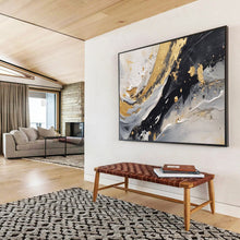 Load image into Gallery viewer, Hand - painted Black, White, and Gold Fluid Strokes Acrylic Art for Stylish Bathroom Decor LargeART1710

