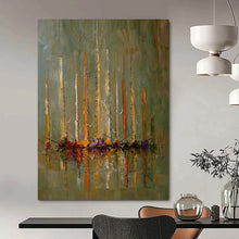 Load image into Gallery viewer, “Sailboats in Abstract Reflection” – Abstract sailboats with tall, colorful masts, reflected in water, muted green background. DTP330
