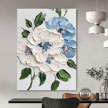 Load image into Gallery viewer, “Textured Blue and White Blooms” - 3D Floral Art on Canvas DKH1387

