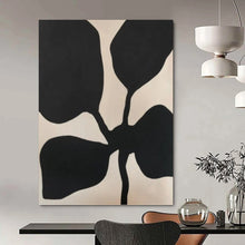 Load image into Gallery viewer, “Black Leaf Silhouette” - Minimalist Black and Beige Plant Art, Abstract Painting on Canvas DKH1077
