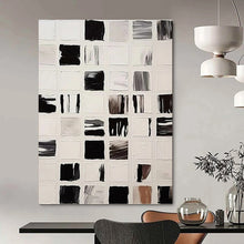 Load image into Gallery viewer, “Black and White Square Abstraction” - Black, White Abstract Art on Canvas DKH1133
