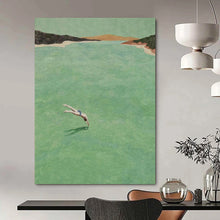 Load image into Gallery viewer, “Dive In” ，Green water, earthy tones for land, with a figure diving into the water. DTP304
