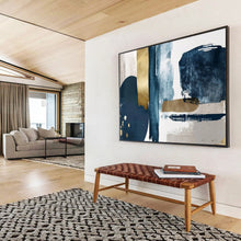 Load image into Gallery viewer, Hand - painted Navy, Gold, and Gray Abstract Forms Acrylic Art for Elegant Home Dining Rooms LargeART1720
