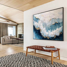 Load image into Gallery viewer, Textured Blue - White - Gold Wave Painting On Canvas DKH347
