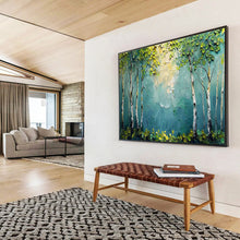 Load image into Gallery viewer, Textured Birch “Green Canopy” Painting on Canvas, Nature - Inspired Wall Art DKH828
