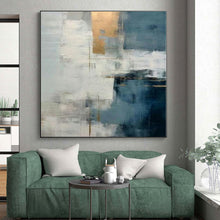Load image into Gallery viewer, Oversized Hand - painted Blue - Gray and Gold Abstract Fusion Acrylic Art for Luxe - Themed Living Rooms LargeART0248
