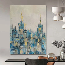 Load image into Gallery viewer, Blue &amp; Gold Abstract Cityscape Painting, Perfect for Modern Living Room &amp; Stylish Home Office LargeART2080
