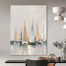 Load image into Gallery viewer, “Gilded Sailboats at Sea” - Grey, Gold, and Blue Nautical Art on Canvas DKH1416
