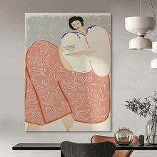 Load image into Gallery viewer, “Elegant Tea - Time Lady” - Grey, Pink, Blue Abstract Figural Art on Canvas DKH1147
