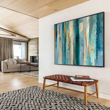 Load image into Gallery viewer, Hand - painted Blue and Gold Vertical Strokes Acrylic Art for Luxurious Hotel Lobbies LargeART1715
