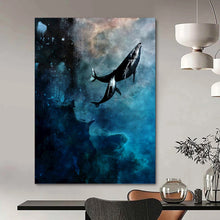 Load image into Gallery viewer, “Cosmic Whales in Deep Blues” Abstract Surrealist Painting on Canvas, Dreamy Marine Art DKH933
