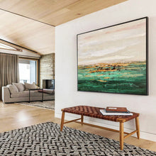 Load image into Gallery viewer, Green - Hued Coastal Abstract Painting on Canvas - “Golden Shores” DKH648
