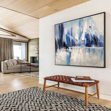 Load image into Gallery viewer, Hand - painted Blue and White Abstract Mountains Acrylic Art for Serene Living Room Walls LargeART1731
