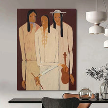 Load image into Gallery viewer, “Three Figures in Neutral Attire” – Stylized Figurative Painting with Cultural Undertones DTP141
