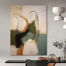 Load image into Gallery viewer, “Swirling Hues” – Flowing lines, mix of olive, teal, and amber on light backdrop DTP365
