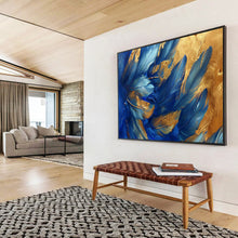 Load image into Gallery viewer, Hand - painted Blue Feathers with Gold Highlights Acrylic Art for Chic Living Room Walls LargeART1708
