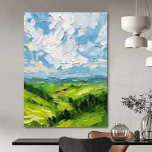 Load image into Gallery viewer, “Textured Green Landscape with Blue Sky” - Impasto Landscape Art on Canvas DKH1557

