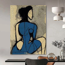 Load image into Gallery viewer, “Abstract Blue Figure” - Blue, Black, and Beige Figurative Art on Canvas DKH1417
