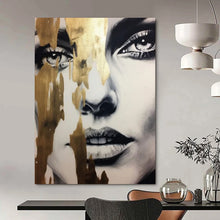 Load image into Gallery viewer, Black - and - White Abstract Portrait, Gold - Drip Accent Art for Luxury Bedroom &amp; Sophisticated Lounge LargeART2192
