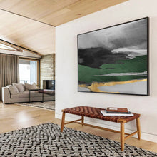 Load image into Gallery viewer, Gray - Green &amp; Gold Abstract Painting on Canvas - “Mystic Horizon” DKH606

