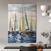Load image into Gallery viewer, Blue &amp; White Sailboats Abstract Painting, Ideal for Coastal Living Room &amp; Nautical Office LargeART2095
