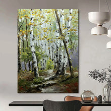 Load image into Gallery viewer, Green &amp; Yellow Birch Forest Abstract Painting, Ideal for Nature - Lover’s Living Room &amp; Cozy Reading Nook LargeART2093
