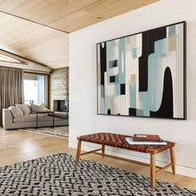 Load image into Gallery viewer, Hand - painted Blue, Black, and Beige Abstract Shapes Acrylic Art for Contemporary Hallway Displays LargeART1711
