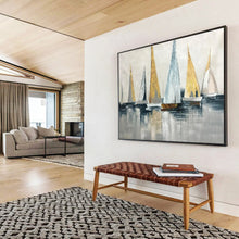 Load image into Gallery viewer, Gold - Accented Sailboat Abstract Art for Nautical Living Room &amp; Elegant Yacht Club DKH169
