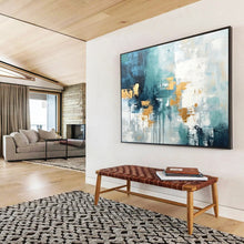 Load image into Gallery viewer, Teal, Gold, and White Abstract Fusion Abstract acrylic painting DLZ073
