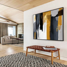 Load image into Gallery viewer, Hand - painted Gray, Black, and Gold Brushstrokes Acrylic Art for Modern Office Conference Rooms LargeART1719
