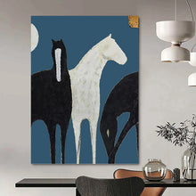 Load image into Gallery viewer, “Stylized Black &amp; White Horses” - Minimalist Equine Art on Canvas DKH1440
