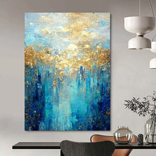 Load image into Gallery viewer, “Blue - Gold Forest” – Blue, Aqua &amp; Gold Abstract Acrylic with Textured Trees DTP065
