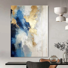Load image into Gallery viewer, Blue and Gold Abstract Clouds Canvas Painting, Perfect for Elegant Dining Room &amp; Chic Hotel Lobby LargeART1239
