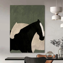Load image into Gallery viewer, “Abstract Horse Embrace” - Black, White, and Green Animal Art on Canvas DKH1411
