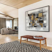 Load image into Gallery viewer, Gray - Gold Abstract Painting On Canvas with Geometric Textures DKH353
