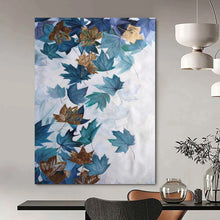 Load image into Gallery viewer, Blue &amp; Gold Leaf Abstract Painting, Perfect for Elegant Dining Room &amp; Nature - Inspired Living Room LargeART2078
