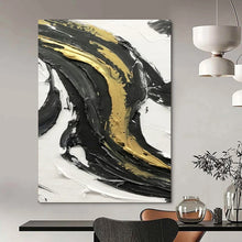 Load image into Gallery viewer, “Gold - Kissed Swirls” – Black, white, and gold impasto, flowing curves DTP379
